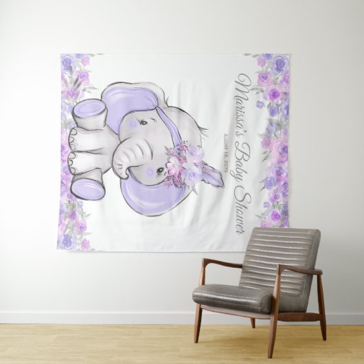 Meisje Paarse Boho Olifant Baby Shower L Achtergro Wandkleed (In Situ (horizontaal))