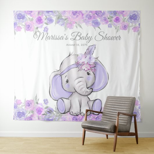 Meisje Paarse Boho Olifant Baby Shower XL Achtergr Wandkleed (In Situ (horizontaal))