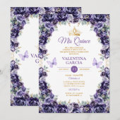 Meisje Paarse Quinceañera 15 Anos Bloemen Gouden K Kaart (Voorkant / Achterkant)