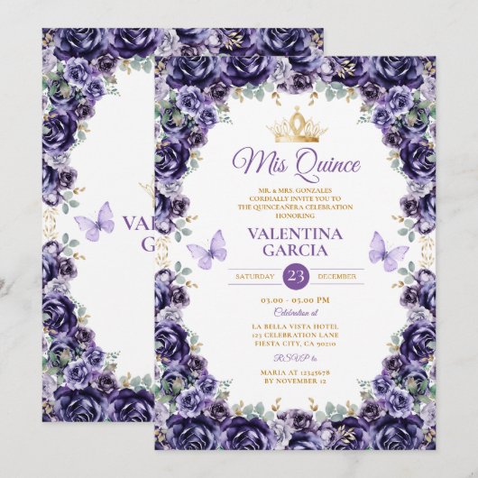 Meisje Paarse Quinceañera 15 Anos Bloemen Gouden K Kaart (Voorkant / Achterkant)