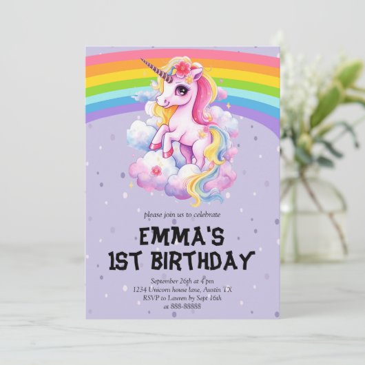 Meisje Paarse Regenboog Eenhoorn Meisje 1e Verjaar Kaart (Staand voorkant)