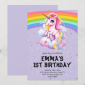 Meisje Paarse Regenboog Eenhoorn Meisje 1e Verjaar Kaart (Voorkant / Achterkant)