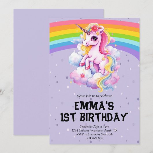 Meisje Paarse Regenboog Eenhoorn Meisje 1e Verjaar Kaart (Voorkant / Achterkant)