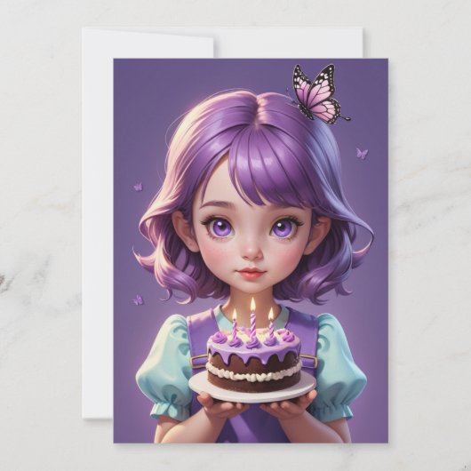 Meisje paarse vlinder verjaardagsuitnodigingen kaart (Voorkant)