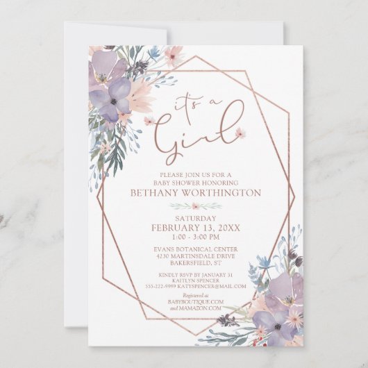 Meisje Paarse Waterverf Floral Baby shower Kaart (Voorkant)