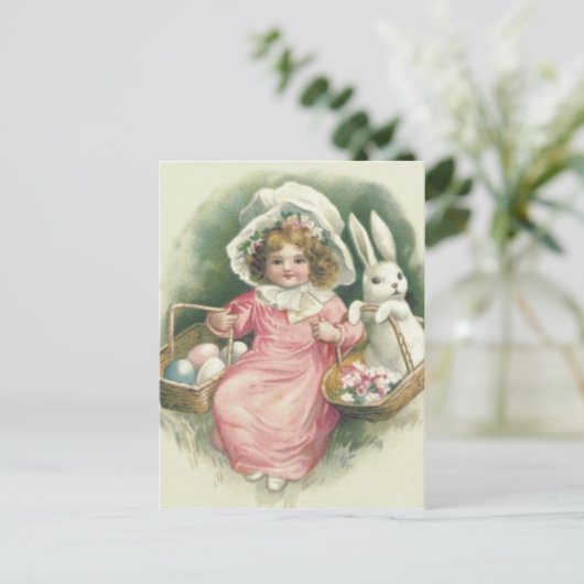 Meisje paasmand konijntje gekleurde eieren feestdagenkaart (Staand voorkant)