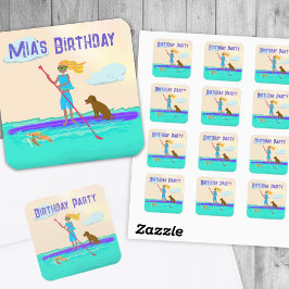 Meisje Paddleboarder Feest Uitnodiging RSVP Sticke Vierkante Sticker