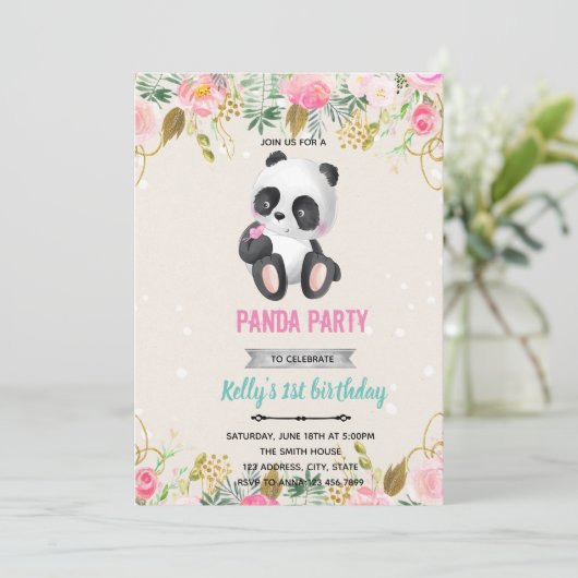 Meisje panda bloem uitnodiging (Staand voorkant)