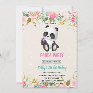 Meisje panda bloem uitnodiging
