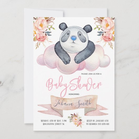 Meisje Panda Roze Bloemen Baby shower Invitation Kaart (Voorkant)