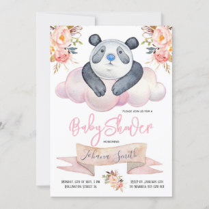 Meisje Panda Roze Bloemen Baby shower Invitation Kaart