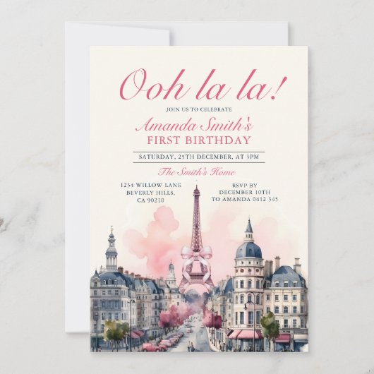 Meisje Paris Patisserie 1e Roze Bow Verjaardagsfee Kaart (Voorkant)