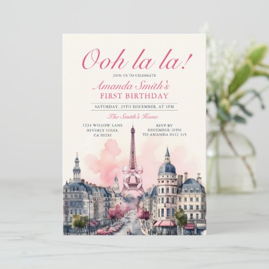 Meisje Paris Patisserie 1e Roze Bow Verjaardagsfee Kaart (Staand voorkant)