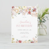 Meisje Pastel Bloemen 1e Eerste Verjaardag Uitnodi Kaart (Staand voorkant)