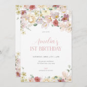 Meisje Pastel Bloemen 1e Eerste Verjaardag Uitnodi Kaart (Voorkant / Achterkant)