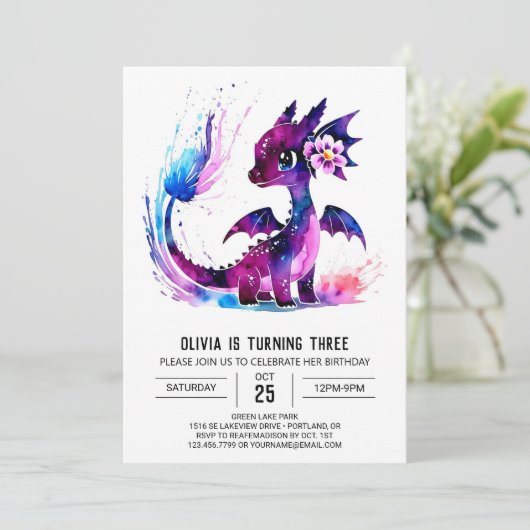 Meisje pastel draak digitale meisje verjaardag kaart (Staand voorkant)