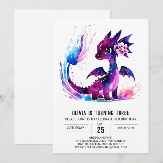 Meisje pastel draak digitale meisje verjaardag kaart (Voorkant / Achterkant)