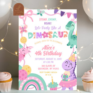 Meisje Pastel Feest als een Dinosaurus Verjaardag Kaart