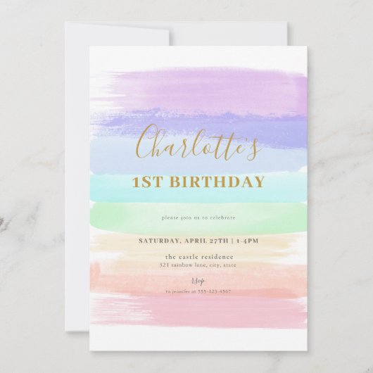 Meisje Pastel Rainbow Eerste Verjaardag Uitnodigin Kaart (Voorkant)