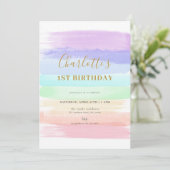 Meisje Pastel Rainbow Eerste Verjaardag Uitnodigin Kaart (Staand voorkant)