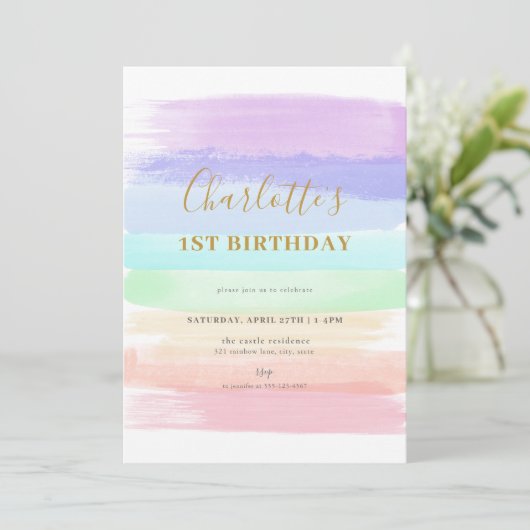 Meisje Pastel Rainbow Eerste Verjaardag Uitnodigin Kaart (Staand voorkant)