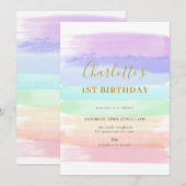 Meisje Pastel Rainbow Eerste Verjaardag Uitnodigin Kaart (Voorkant / Achterkant)