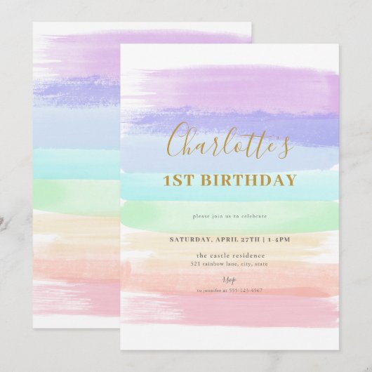 Meisje Pastel Rainbow Eerste Verjaardag Uitnodigin Kaart (Voorkant / Achterkant)