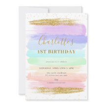 Meisje pastel regenboog 1e verjaardag uitnodiging