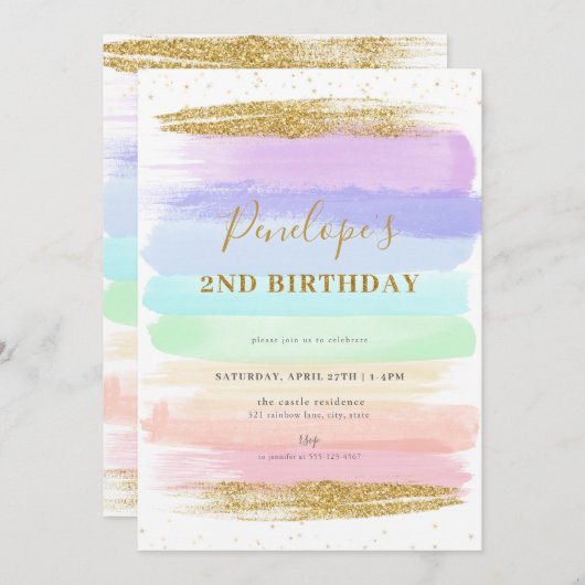 Meisje pastel regenboog 2e verjaardag uitnodiging (Voorkant / Achterkant)