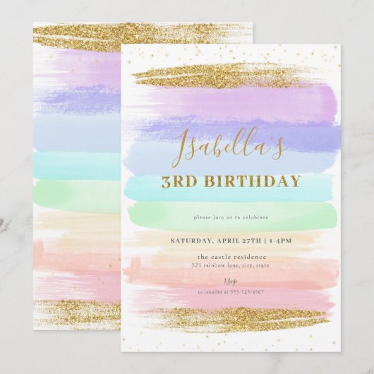 Meisje pastel regenboog 3e verjaardag uitnodiging (Voorkant / Achterkant)