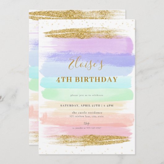 Meisje pastel regenboog 4e verjaardag uitnodiging (Voorkant / Achterkant)