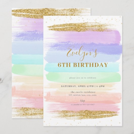 Meisje pastel regenboog 6e verjaardag uitnodiging (Voorkant / Achterkant)
