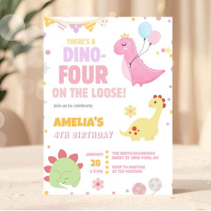 Meisje Pastel Roze Dinosaur 4de Verjaardag Kaart
