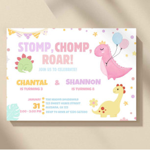 Meisje Pastel Roze Dinosaurus Gezamenlijke Verjaar Kaart