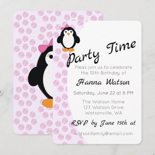 meisje Penguin Birthday Party Kaart (Voorkant / Achterkant)