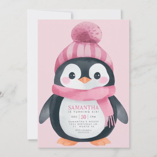 Meisje Penguin Winter Verjaardag Uitnodiging (Voorkant)