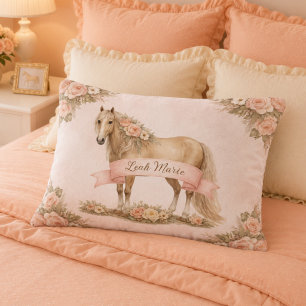 Meisje Perzik Bloem Paard Roos Monogram Naam Accent Kussen