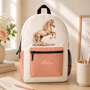 Meisje Perzik Roos Paard Script Monogram Bedrukte Rugzak