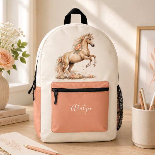 Meisje Perzik Roos Paard Script Monogram Bedrukte Rugzak