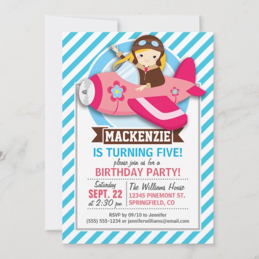 Meisje Piloot in Roze Vliegtuig; Blauwe & Witte St Kaart (Voorkant)