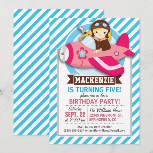 Meisje Piloot in Roze Vliegtuig; Blauwe & Witte St Kaart (Voorkant / Achterkant)