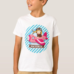 Meisje Piloot in Roze Vliegtuig; Blauwe & Witte St T-shirt