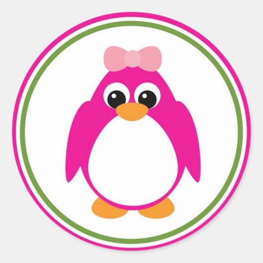 Meisje Pinguïn in roze en groen Ronde Sticker (Voorkant)