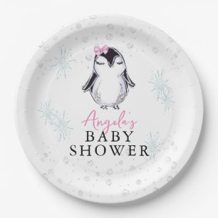 Meisje Pinguïn Winter Baby Shower  Papieren Bordje