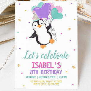 Meisje Pinguïn Winter Verjaardagsfeestje Kaart