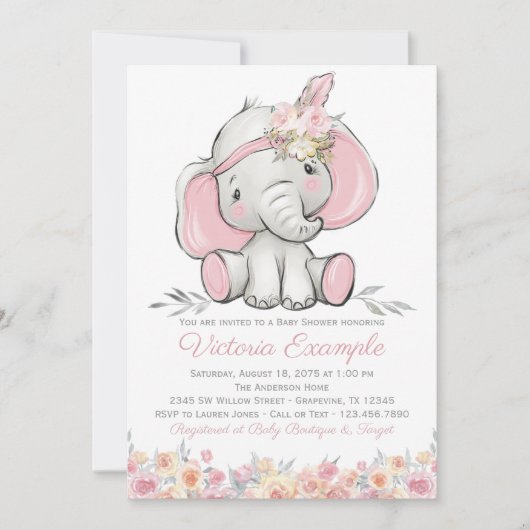 Meisje Pink Boho Olifant Baby shower Kaart (Voorkant)