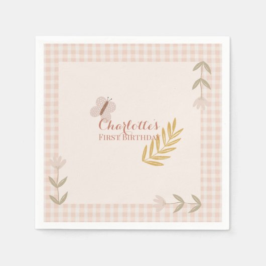 Meisje Pink Gingham Wildflowers Butterfly Servet (Voorkant)