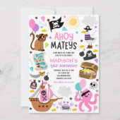 Meisje Pink Pirate Schat Treasure Verjaardagsfeest Kaart (Voorkant)