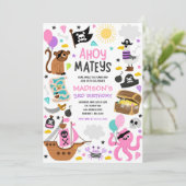 Meisje Pink Pirate Schat Treasure Verjaardagsfeest Kaart (Staand voorkant)