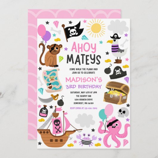 Meisje Pink Pirate Schat Treasure Verjaardagsfeest Kaart (Voorkant / Achterkant)